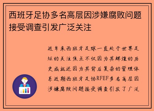 西班牙足协多名高层因涉嫌腐败问题接受调查引发广泛关注